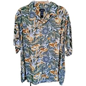 Claiborne Shirt Men's Size XL Hawaiian Button Up Tropical Leaves Short Sleeve